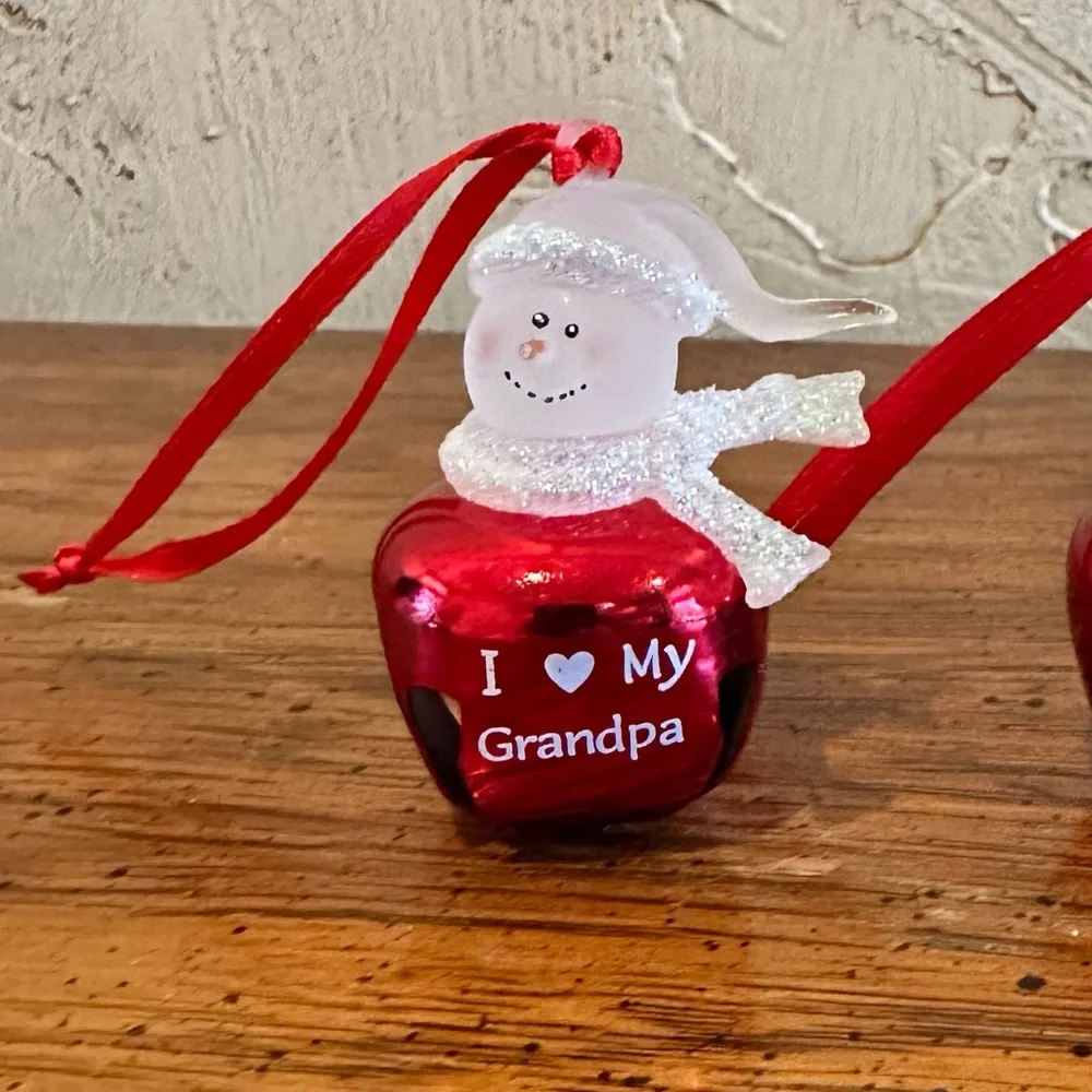 2 Snowman Jingle Bell Christmas Ornaments I Love My Grandpa & I Love My Grandma